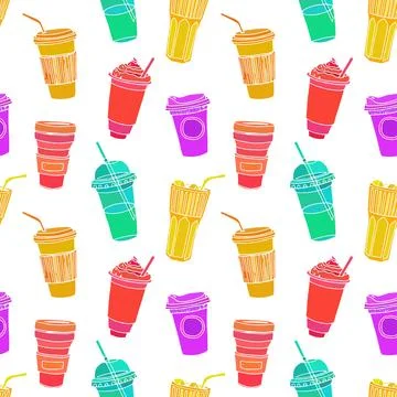 Hand drawn seamless pattern with to go cups and glasses various shapes brig.. Stock Illustration