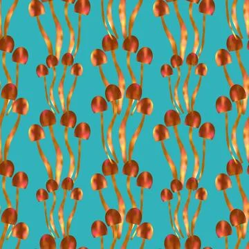 Hand drawn seamless pattern with gold shining mushrooms Stock Illustration