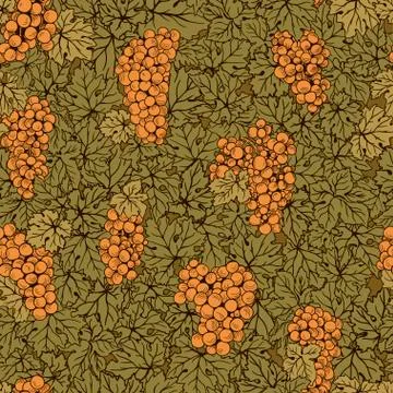 Hand drawn seamless pattern grape background. Green leaves, orange bunches Stock Illustration