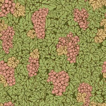 Hand drawn seamless pattern grape background. Green leaves, pink bunches Stock Illustration