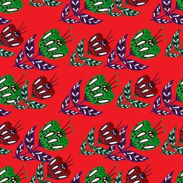 Hand drawn seamless pattern with green folk flower elements ornament. Bright  イラスト素材