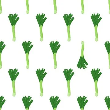 Hand drawn seamless pattern with green leek with catch eye elements for Stock Illustration