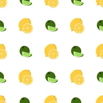 Hand drawn seamless pattern with green lime, yellow lemon slice and whole fruit Stock Illustration