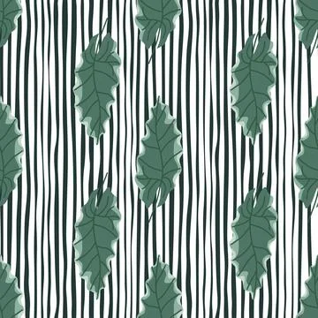 Hand drawn seamless pattern with green oak leaves in doodle style. Black and  Stock Illustration