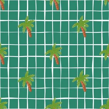 Hand drawn seamless pattern with green palm tree elements shapes. Turquoise b 스톡 일러스트