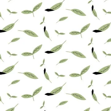 Hand-drawn seamless pattern with green tea leaves. Stock Illustration