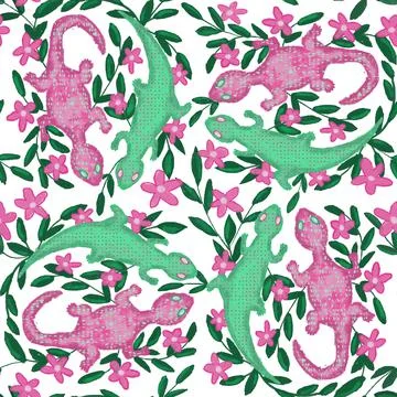 Hand drawn seamless pattern with green and pink rose gecko lizard, colorful Stock Illustration