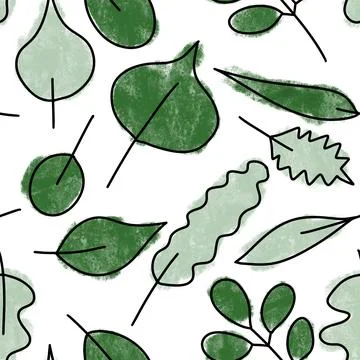 Hand drawn seamless pattern with green leaves natural leaf greenery, wild herbs Stock Illustration