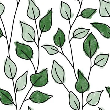 Hand drawn seamless pattern with green leaves natural leaf greenery, wild herbs Stock Illustration