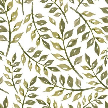 Hand drawn seamless pattern of green leaves with branches on a white backgrou Stock Illustration