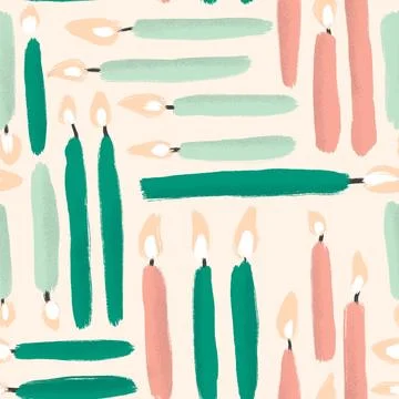 Hand drawn seamless pattern with green orange mint birthday candles on light Stock Illustration
