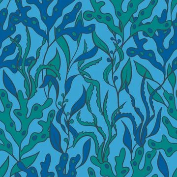 Hand drawn seamless pattern with green blue water plant seaweed. Algae marine Stock Illustration