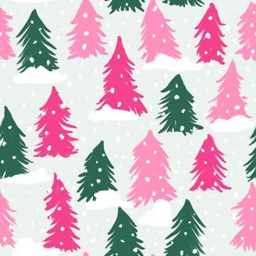 Hand drawn seamless pattern with green pink Christmas trees. New year holiday Stock Illustration