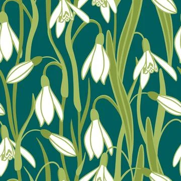 Hand drawn seamless pattern of green snowdrop galanthus flower with white leaves Stock Illustration