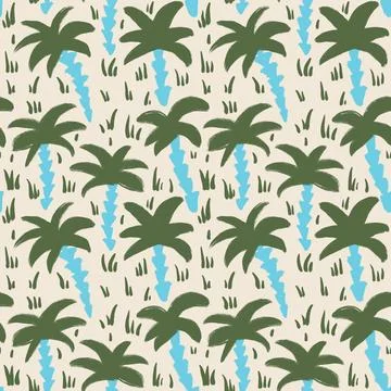 Hand drawn seamless pattern with green palm trees blue turquoise on beige Stock Illustration