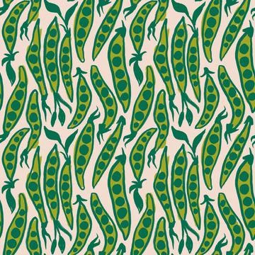 Hand drawn seamless pattern with green peas beans on beige background. healthy Illustrazione stock