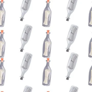 Hand drawn seamless pattern with grey bottle message shapes. White background Illustrazione stock