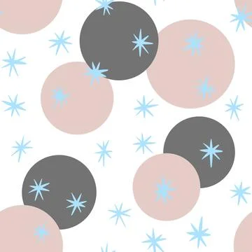 Hand drawn seamless pattern with grey beige round circles blue snow snowsflakes Ilustração Stock