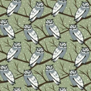 Hand drawn seamless pattern with grey forest owls sitting on wood brown branches Stock Illustration
