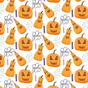 Hand-drawn seamless pattern with Halloween pumpkin Stock Illustration