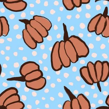 Hand drawn seamless pattern with Halloween beige brown pumpkins on sky blue Stock Illustration