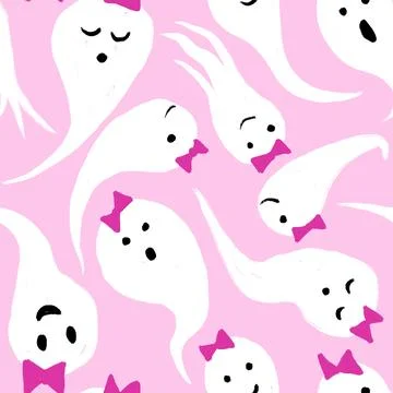 Hand drawn seamless pattern with Halloween ghosts cute pink background. Cute Illustrazione stock