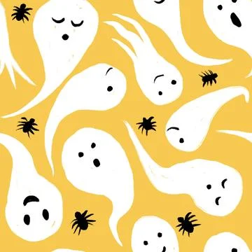 Hand drawn seamless pattern with Halloween ghosts and black spiders on yellow Stock Illustration