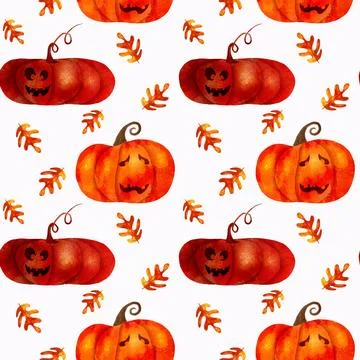 Hand drawn seamless pattern with Halloween pumpkins and leaves Stock Illustration
