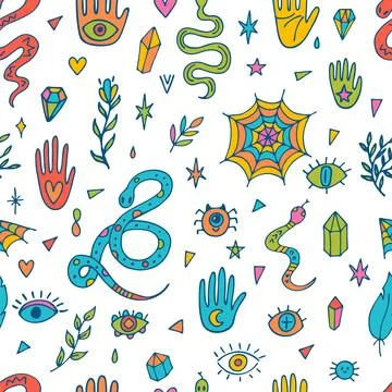 Hand drawn seamless pattern. Halloween. Doodle boho style. Witchcraft print.. Stock Illustration