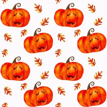 Hand drawn seamless pattern with Halloween pumpkins and leaves Stock Illustration