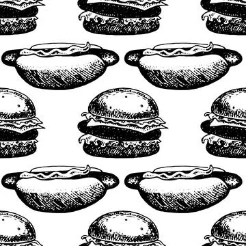 Hand drawn seamless pattern of hamburger and hotdog. Set fast food Stock Illustration