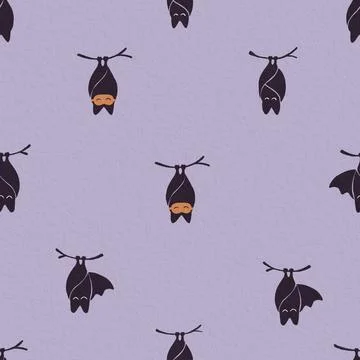 Hand Drawn Seamless Pattern with Hanging Bats and Sleep Masks on Lavender B.. Stock Illustration