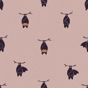 Hand Drawn Seamless Pattern with Hanging Bats and Sleep Masks on Pink Backg.. Stock Illustration