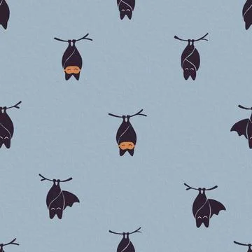 Hand Drawn Seamless Pattern with Hanging Bats and Sleep Masks on Blue Backg.. Stock Illustration