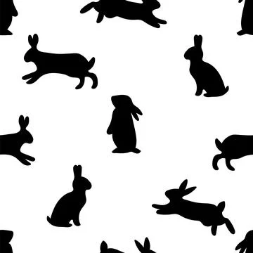 Hand drawn seamless pattern with hares silhouettes. Rabbit, bunny. Backgrou.. Stock Illustration