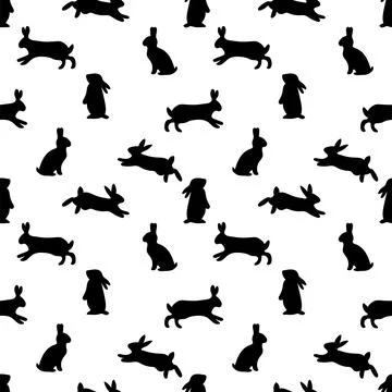 Hand drawn seamless pattern with hares silhouettes. Rabbit, bunny. Backgrou.. Stock Illustration