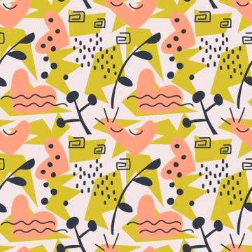 Hand drawn seamless pattern with hearts, geometric shapes, eyes and Doodle el Stock Illustration