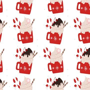 Hand drawn seamless pattern with holiday mugs. Stock Illustration