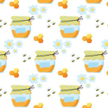 Hand-drawn seamless pattern with honey jar Stock Illustration