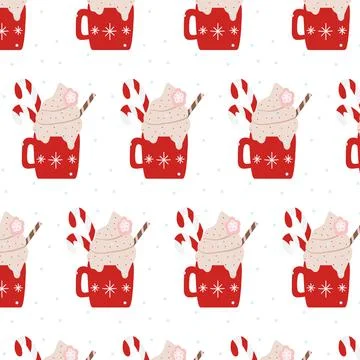 Hand-drawn seamless pattern with hot drink mug Stock Illustration