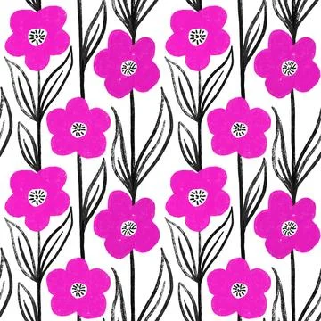 Hand drawn seamless pattern with hot pink fuchsia flowers with black leaves on Stock Illustration