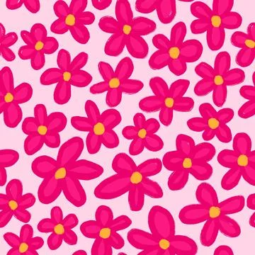 Hand drawn seamless pattern with hot hyper pink daisy flowers on pink background Stock Illustration