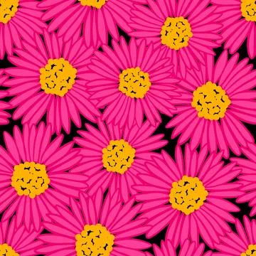 Hand drawn seamless pattern with hot hyper pink daisy flowers on black Stock Illustration