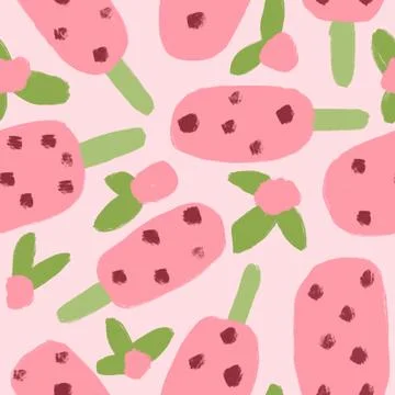 Hand drawn seamless pattern with ice cream popsicle sweet food. Pink rose Stock Illustration