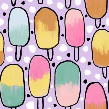 Hand drawn seamless pattern with ice cream popsicle sweet food. Pink yellow Stock Illustration