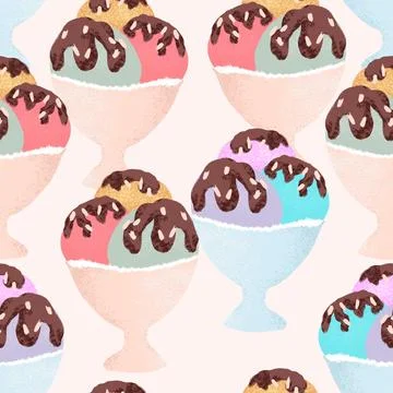 Hand drawn seamless pattern of ice cream in cup bowl, retro vintage style. Pink Stock Illustration