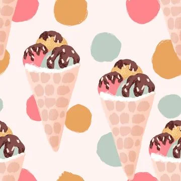 Hand drawn seamless pattern of ice cream in cup bowl, retro vintage style. Pink Stock Illustration
