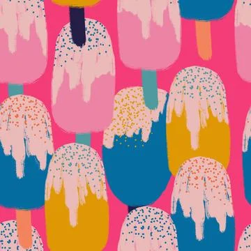 Hand drawn seamless pattern with ice cream popsicle sweet food. Pink yellow 스톡 일러스트