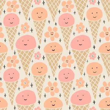 Hand drawn seamless pattern of ice cream with cute funny faces, retro vintage Stock Illustration
