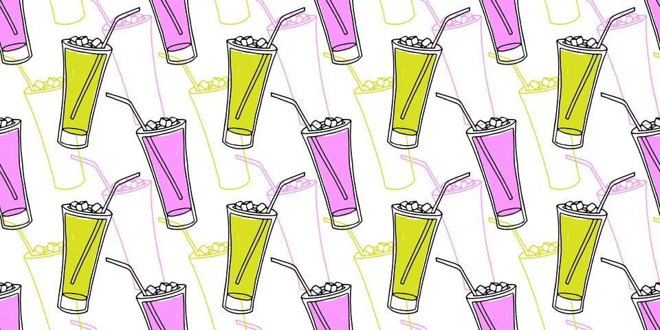 Hand drawn seamless pattern with icy glasses with straws, Colorful background Stock Illustration
